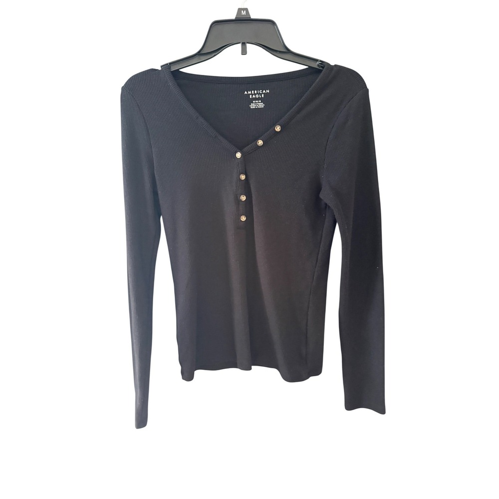 American Eagle Womens Black Ribbed Henley Long Sleeve V-Neck Top Size M
